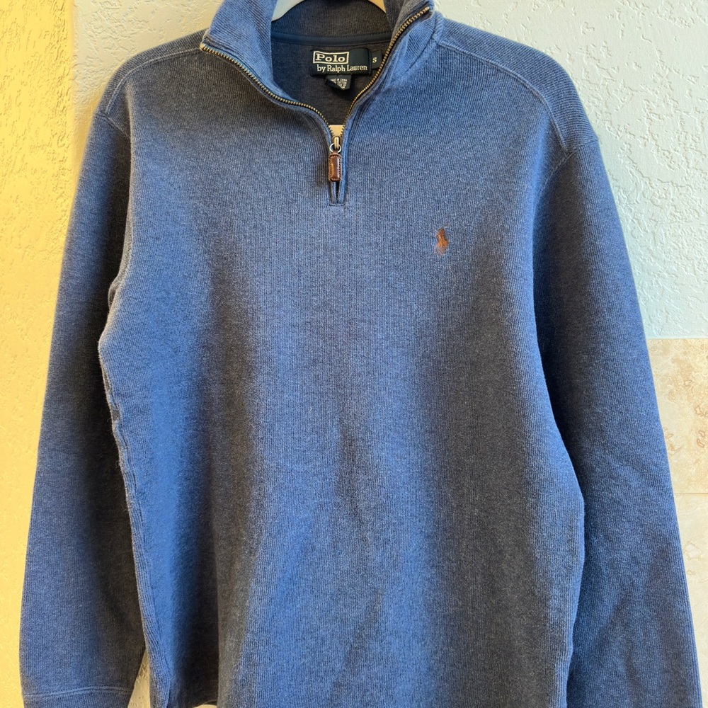 Ralph Lauren Men's Heathered Navy Quarter  Zip-Up Sweater